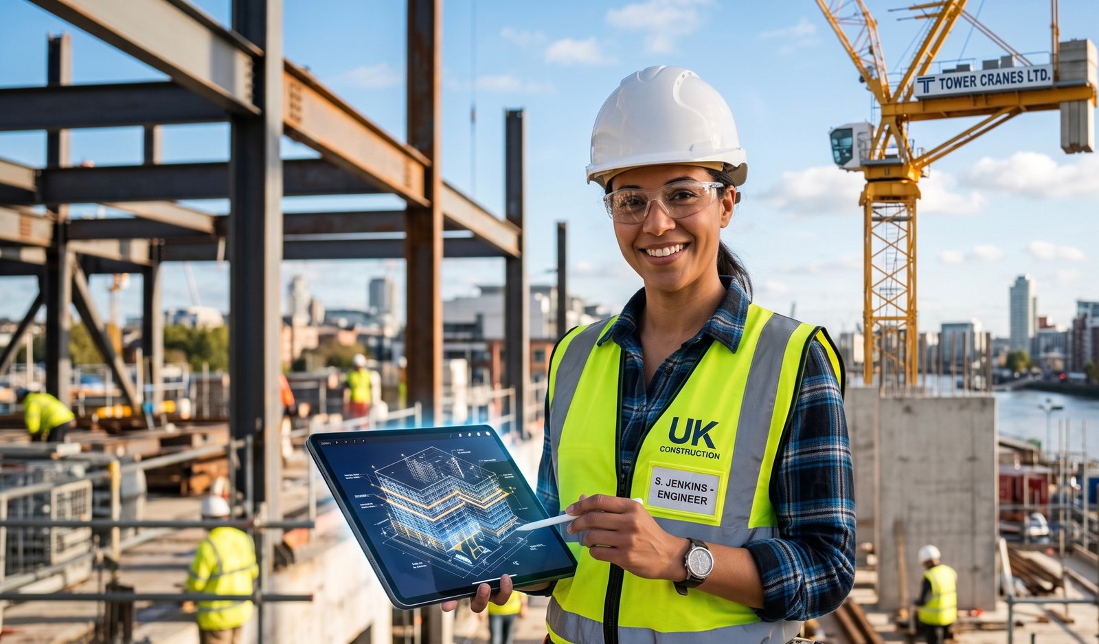 Construction engineer reviewing digital plans on site